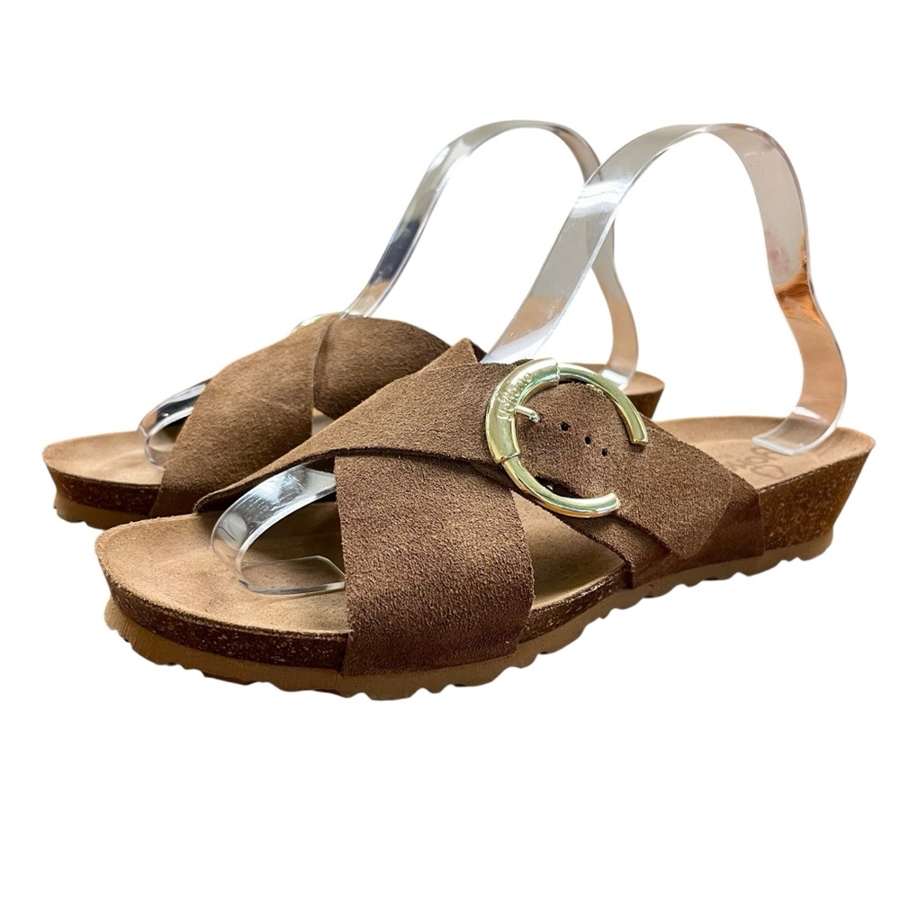 YOKONO Brown Suede Wedge Sandals 9 Buckle Boho‎ Quiet Luxury Artsy Minimalist